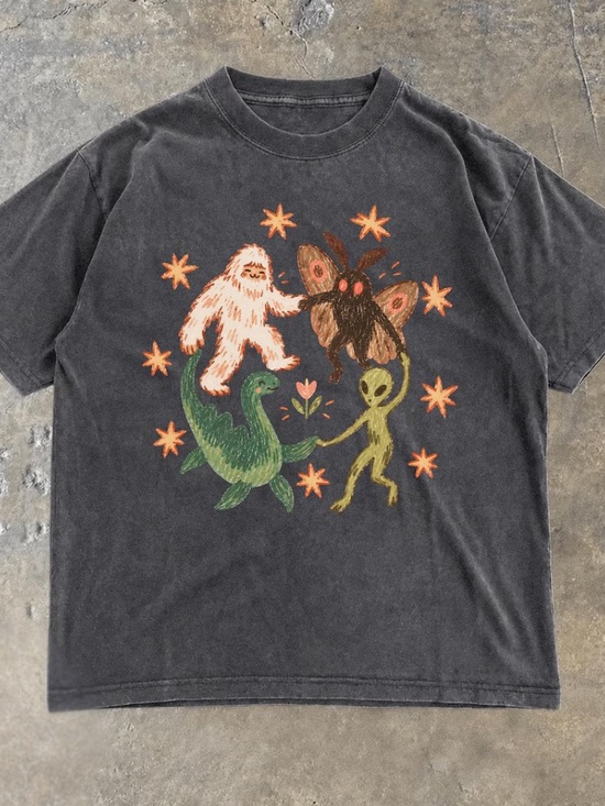 Comfort Colors Tops - Comfort Colors Mothman Loch Ness Monster Alien Cryptids Stars Circle T-Shirt